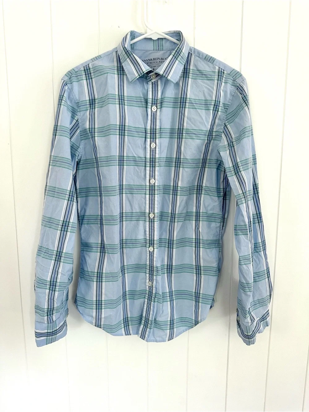 Banana Republic Men’s Light Blue and Green Plaid Button-Down Shirt- small stain